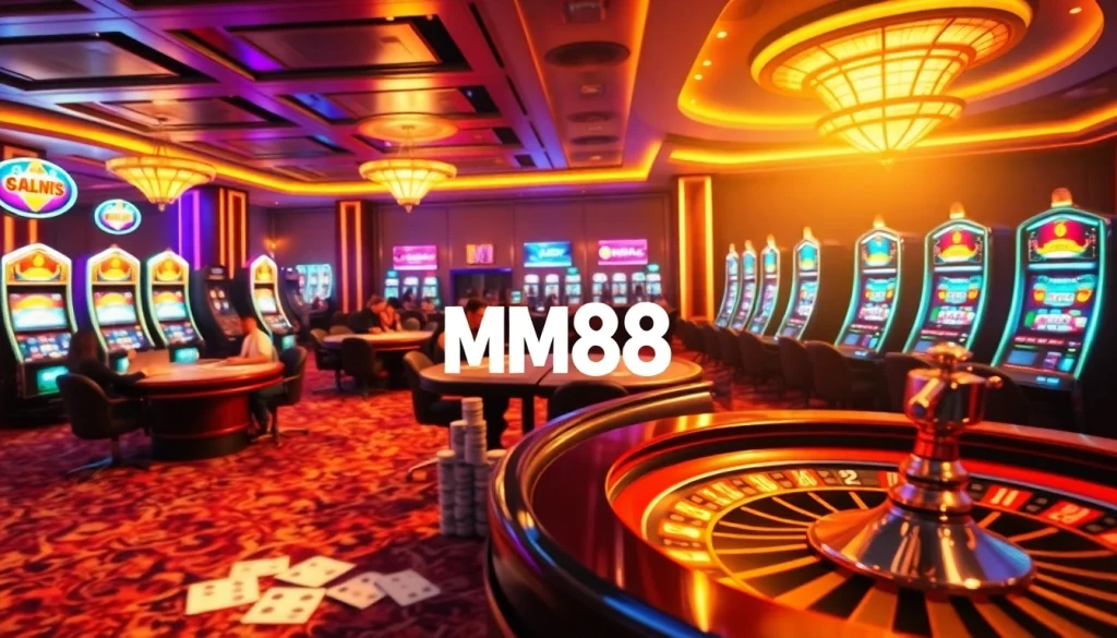 Dynamic gaming atmosphere at MM88 casino, featuring poker tables and slot machines.