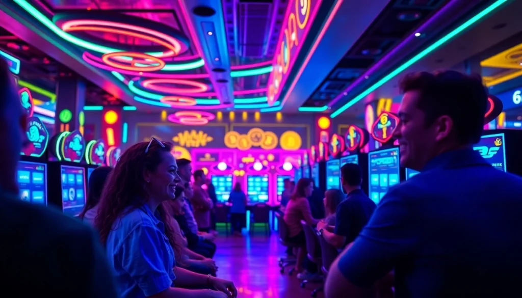 Découvrez un casino sans KYC crypto animé avec des joueurs heureux et des lumières néon vibrantes.