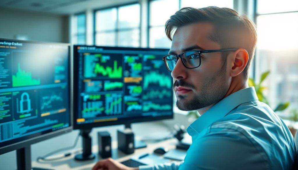 Améliorez votre cybersécurité en ligne avec un analyste en action dans son bureau moderne.