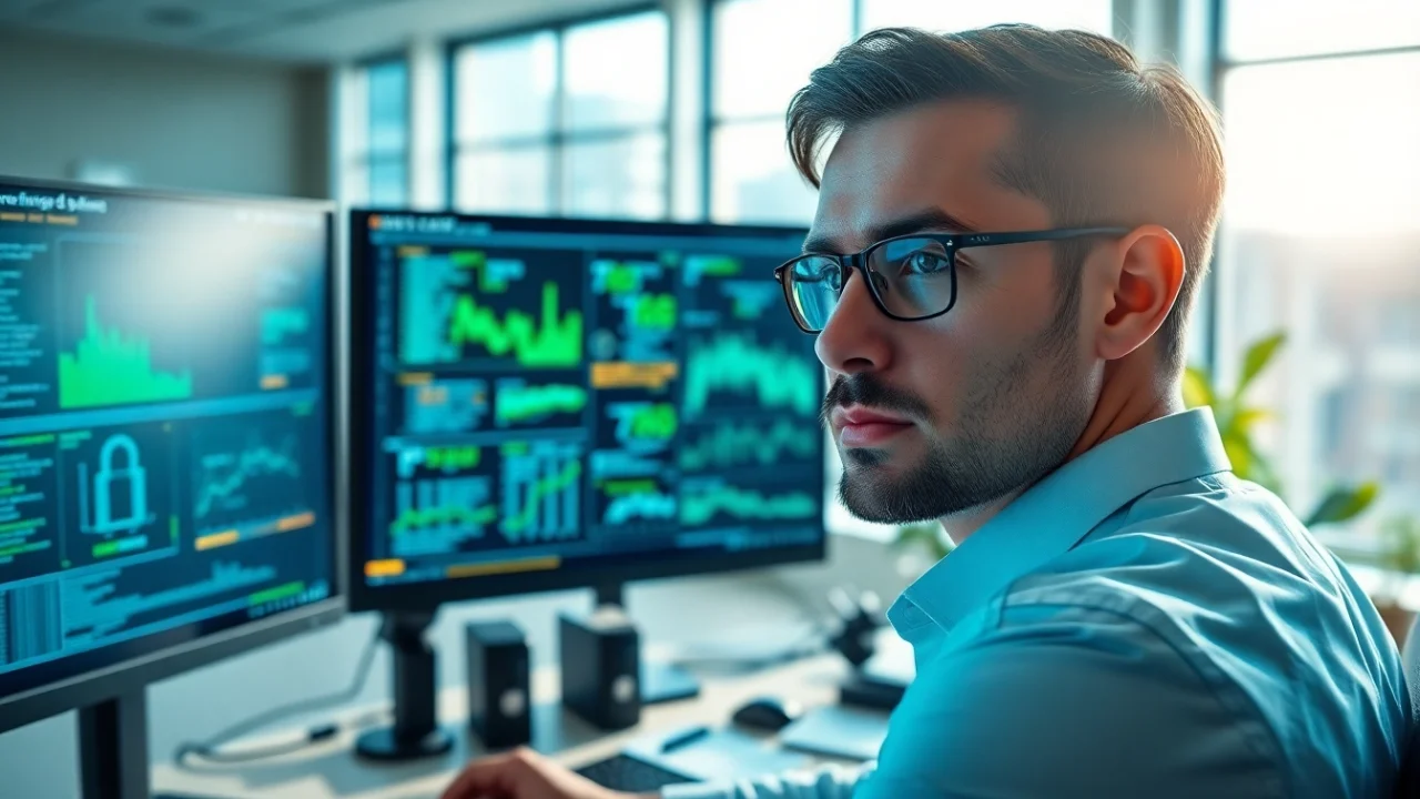 Améliorez votre cybersécurité en ligne avec un analyste en action dans son bureau moderne.