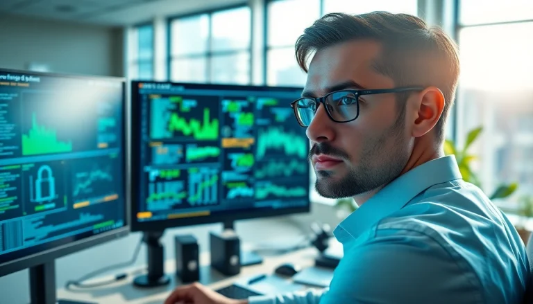 Améliorez votre cybersécurité en ligne avec un analyste en action dans son bureau moderne.