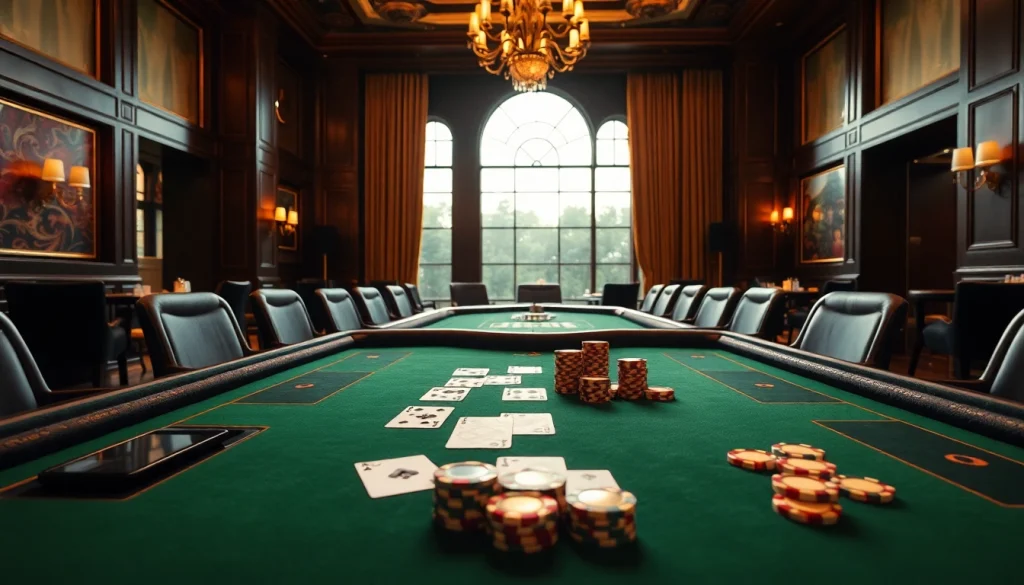 Aperçu d'un casino en ligne avis avec une table de jeu élégante et des éléments colorés.