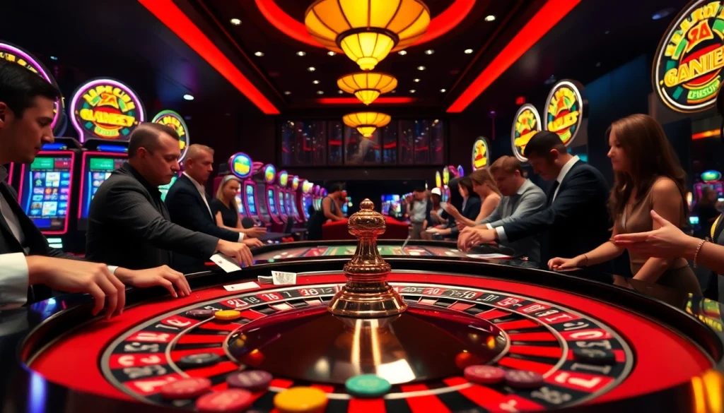 Joueurs placent des paris dans un casino en ligne argent réel France avec des tables colorées.