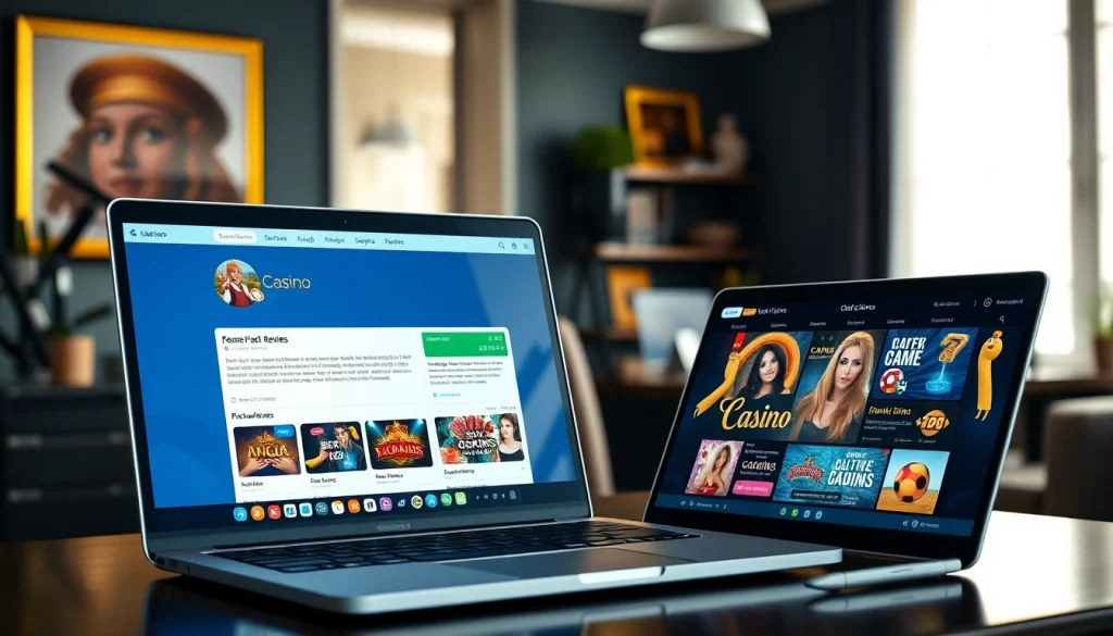 Avis sur casino en ligne avec un ordinateur affichant des jeux modernes et des critiques d'utilisateurs.