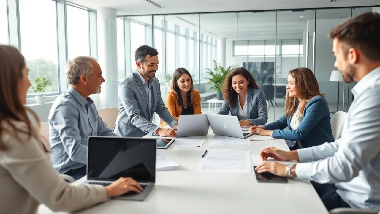 Créer une Sasu pas chère avec des professionnels collaborant dans un bureau moderne.