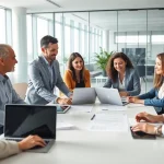 Créer une Sasu pas chère avec des professionnels collaborant dans un bureau moderne.