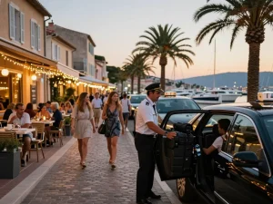 Conducteur de taxi à Saint-Tropez aidant des passagers à monter dans une voiture de luxe dans une rue animée en soirée.