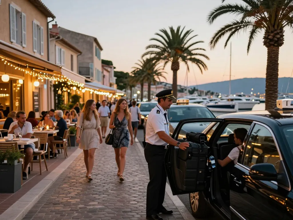 Conducteur de taxi à Saint-Tropez aidant des passagers à monter dans une voiture de luxe dans une rue animée en soirée.