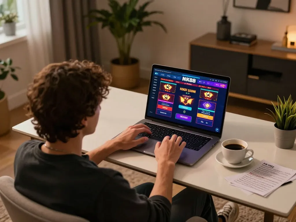 Engaging in online gaming on NK88 while enjoying a cozy home atmosphere.