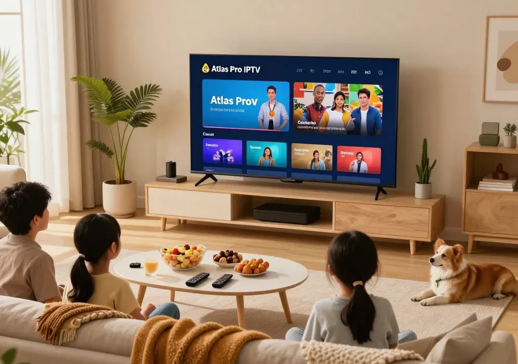 Famille profitant d'Atlas Pro IPTV dans un salon confortable avec des collations et une grande télévision.