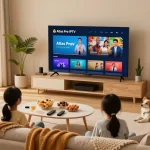 Famille profitant d'Atlas Pro IPTV dans un salon confortable avec des collations et une grande télévision.