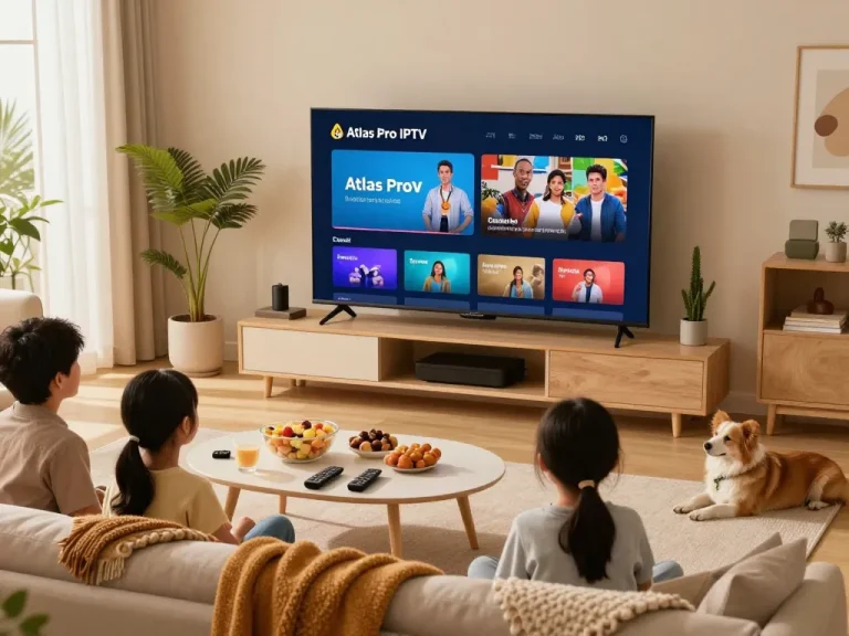 Famille profitant d'Atlas Pro IPTV dans un salon confortable avec des collations et une grande télévision.