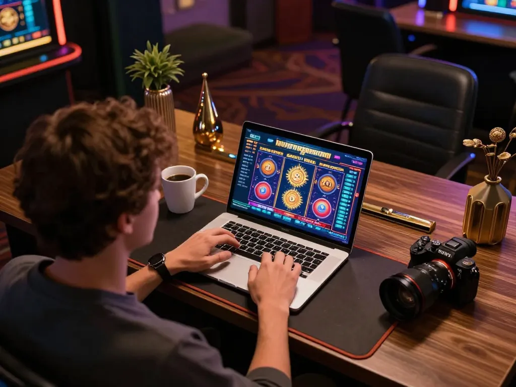 Player exploring tg88com online casino slots, showcasing engaging interface and cozy ambiance